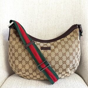 Gucci Beige and Brown Crossbody Bag with Green and Red Strap